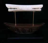 Bear, Bone Shaman Soul Catcher on Carved Wooden Boat Stand